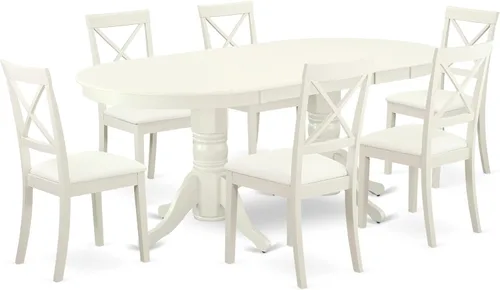 Vista 15 de East West Furniture VABO7-LWH-W - Juego de comedor de 7 piezas compuesto por una mesa de comedor ovalada con hojas de mariposa y 6 sillas de asiento