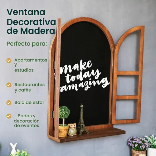 Vista 5 de Marco de madera rústico con marco de madera arqueada, decoración de pared con alféizar de ventana y persianas, decoración de ventana de pared