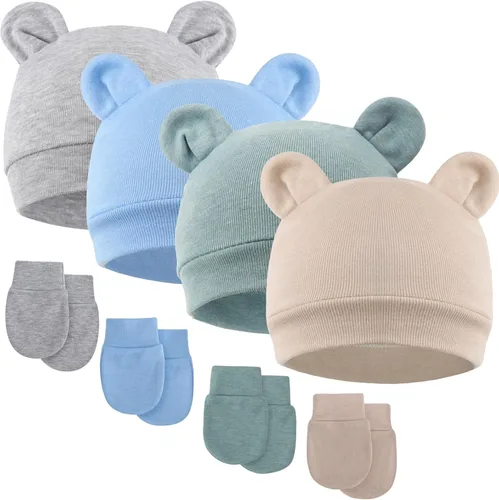 Vista 8 de DRESHOW Gorro de recién nacido con orejas de oso y manoplas, conjuntos de gorro de algodón para prematuros, gorro de bebé para niño y niña, gorro