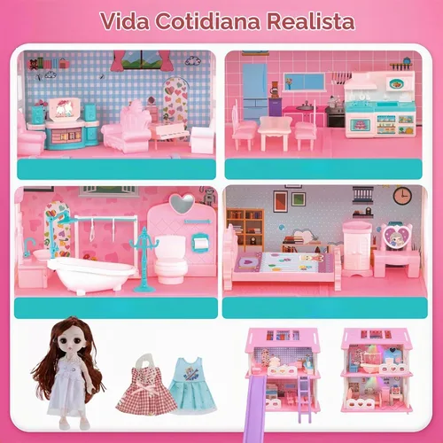 Vista 5 de Casa de muñecas, con sala de estar, dormitorio, baño, muebles de cocina, casa de muñecas de doble cara con 1 muñeca, 3 juegos de ropa, luces
