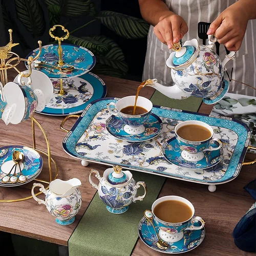 Vista 2 de ACMLIFE Juego de té con vajilla para adultos, juegos de porcelana de hueso de 33 piezas, juego de té de café para 6 o 4 juegos de té inglés vintage