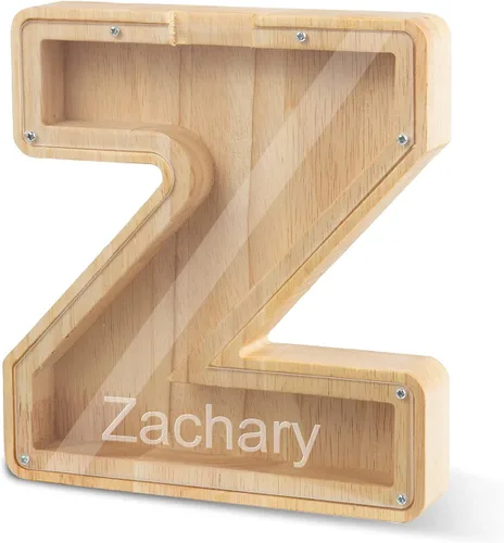 Vista 10 de Alcancía con nombre personalizado, 26 letras láser con texto personalizado, banco de monedas de madera, significado educativo, alcancía con nombre