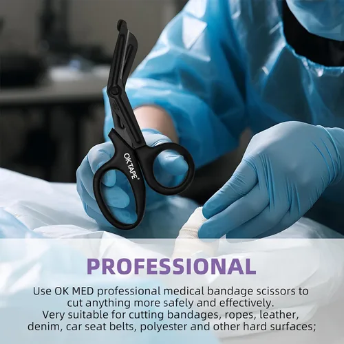 Vista 7 de OK TAPE Tijeras de vendaje, tijeras médicas, tijeras de trauma EMT, tijeras antiadherentes, primeros auxilios de teflón de acero inoxidable