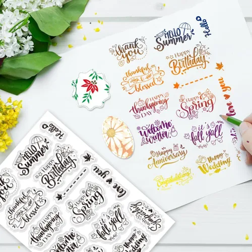 Vista 3 de INFUNLY Juego de 3 sellos y troqueles para hacer tarjetas, bendición, palabras, troqueles y sellos, diseño de feliz primavera, sellos transparentes