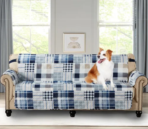 Vista 12 de Brilliant Sunshine Blue Plaids & Stripes - Funda para sillón de sofá, asiento de 23 pulgadas Patchwork Design, Non Slip Sofa Cover, Quilted