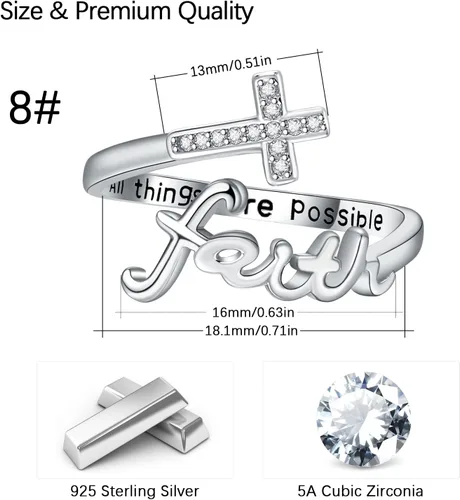 Vista 2 de Anillo de fe, anillos de cruz, anillo de cruz ajustable de plata de ley, regalo de joyería inspiradora cristiana para mujeres, niñas, hija, novia