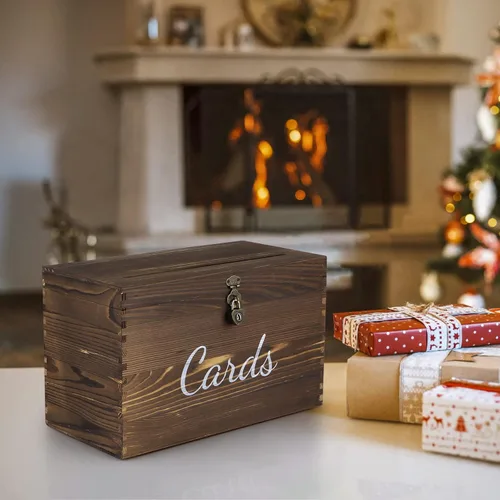 Vista 8 de MDLUU Caja de madera para tarjetas de boda, caja rústica para dinero de boda con cerradura, soporte para sobre, caja de recepción de tarjetas