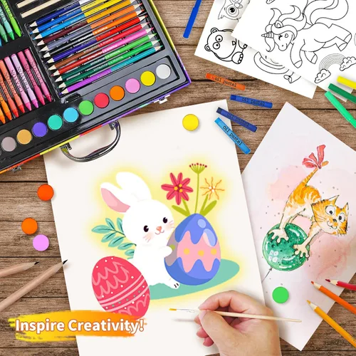 Vista 4 de Cokiki Kit de arte de 184 piezas para niños de 6 a 12 años, juego de dibujo definitivo con pasteles al óleo, crayones, pasteles de acuarela y bloc