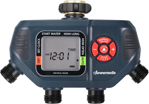Vista 9 de DEWENWILS Temporizador de manguera para exteriores de 2 zonas: temporizador automático de rociadores con entrada de latón, retardo de lluvia