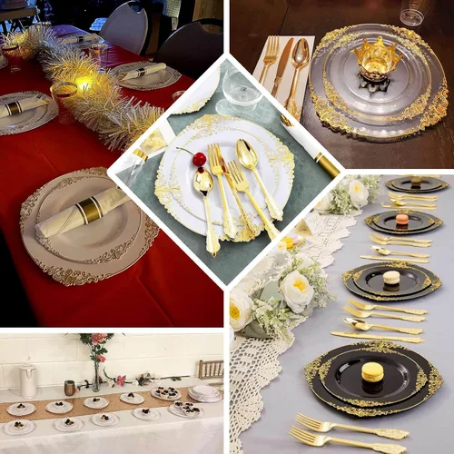 Vista 5 de Efavormart - Paquete de 10 platos de postre barrocos negros y dorados de 8 pulgadas, platos de aperitivo resistentes con borde metálico en relieve