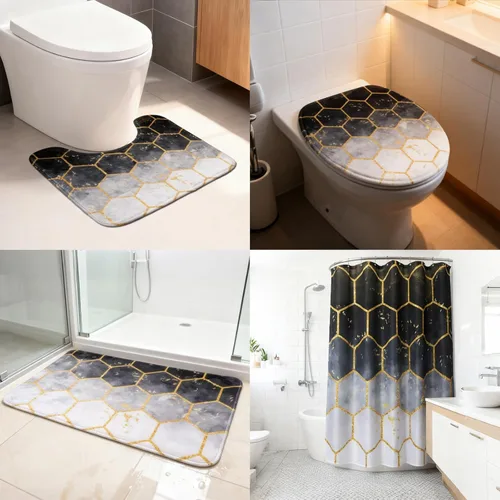 Vista 8 de BSSN Juego de 25 accesorios de baño negros y dorados con cortina de ducha y alfombras, basura, cepillo de inodoro, dispensador de jabón, soporte