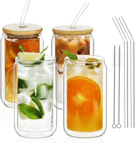 Vista 7 de LIBWYS Vaso de vidrio de doble pared de 12 onzas con tapa de bambú y pajita, juego de 1 pieza, resistente a la condensación, vaso de vidrio aislado