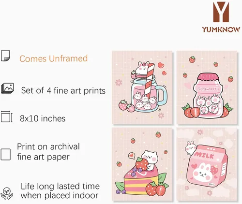 Vista 2 de Decoración de pared de anime japonés Kawaii para comedor, bonita decoración de cocina rosa, carteles estéticos de conejo y fresa, impresiones