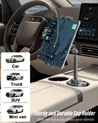 Vista 2 de Soporte para tablet para automóvil, brazo de metal, soporte de tableta resistente para portavasos de automóvil, soporte de automóvil ajustable