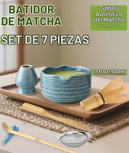 Vista 2 de JBER Juego de matcha con cuenco de cerámica de 17 onzas, batidor de bambú retro azul