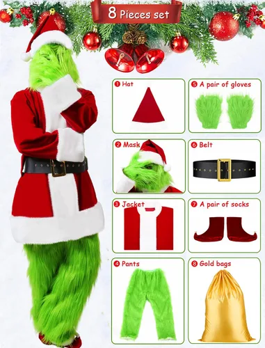 Vista 3 de Christmas Green Monster Costume Adult, 8PCS Green Santa Suit Deluxe Furry Santa Costume Set Luxury Santa Outfit