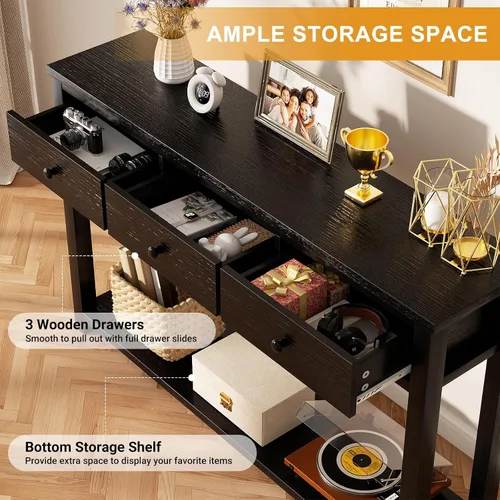 Vista 5 de Homieasy Mesa consola de granja con 3 cajones, mesa de sofá de madera de 47 pulgadas con estante de almacenamiento para sala de estar, detrás