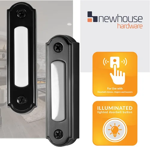 Vista 3 de Newhouse Hardware Botón de timbre de puerta de metal con iluminación LED (negro) Botón de timbre de puerta iluminado de montaje en superficie
