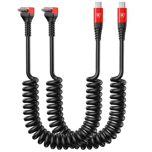 Vista 14 de Cable USB A a USB C de 90 grados, paquete de 2 cables USB tipo C en espiral de 3 pies para automóvil, cable de carga rápida USB-C compatible