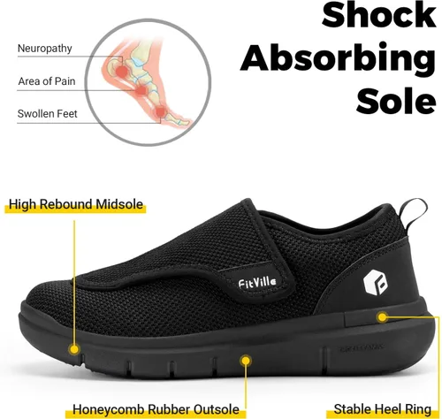 Vista 4 de FitVille Zapatos para diabéticos para hombre, zapatos extra anchos sin cordones para pies hinchados, zapatos ajustables para caminar para ancianos