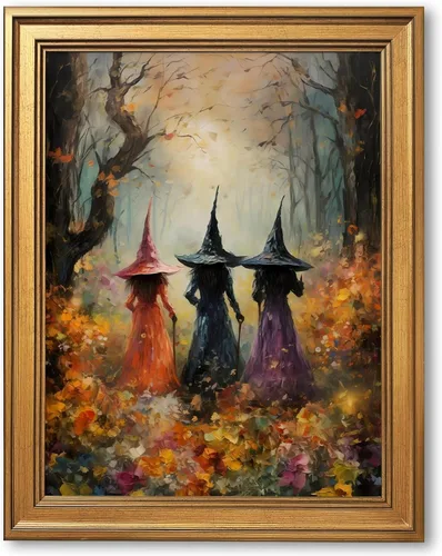 Vista 19 de Arte de pared vintage de Halloween embrujado de granja, parche de calabaza rústica con bonitos fantasmas, póster impreso en lienzo espeluznante