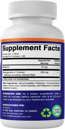 Vista 8 de Vitamatic Melatonina 10mg con Ashwagandha 4:1 Extracto 250 mg 120 Comprimidos