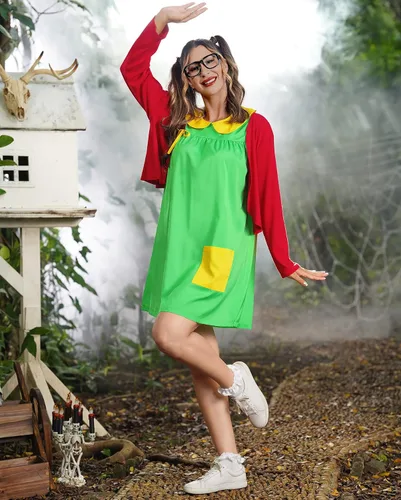Vista 4 de Clarisbelle Disfraz de cosplay de Halloween para mujer vestido verde con cárdigan rojo