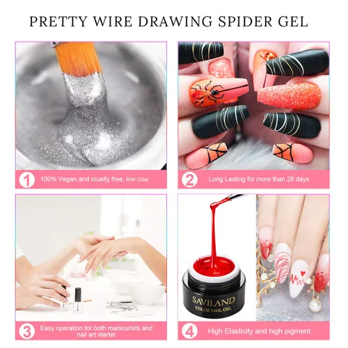Vista 4 de Saviland Kit de removedor de cutículas y gel de araña de 6 colores, diseño de arte de uñas, pintura en gel, esmalte de gel para dibujo de alambre
