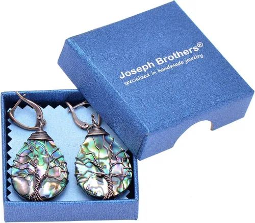 Vista 7 de Aretes de árbol de la vida de concha de abulón marino con alambre de cobre de bronce para mujer, cierre vintage
