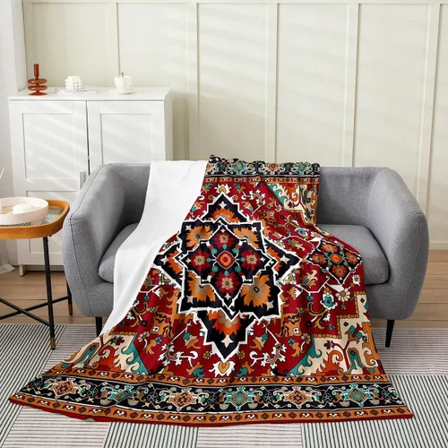 Vista 18 de Erosebridal Manta Bohemia de Tiro 40x50 Pulgadas, Retro Azul Amarillo Degradado Rojo Floral Bohemio Tribal de Vellón, Vintage Antiguo Enrejado