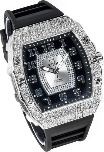 Vista 2 de Techno Pave Reloj helado de lujo para hombre con cristales simulados, bisel en forma de tonneau y correa de silicona ajustable, reloj de diamante