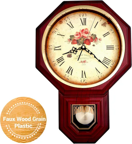 Vista 30 de JUSTIME Reloj de pared clásico vintage tradicional de estilo Schoolhouse, con péndulo y melodía Westminter cada hora, relojes de pared con melodía