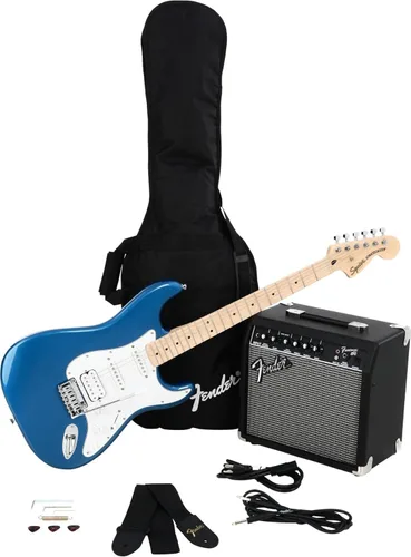 Vista 9 de Fender Affinity Series Stratocaster Mustang Micro Pack, diapasón de laurel, negro, bolsa de concierto, HD9, EE. UU., CA, UE, AU, JP