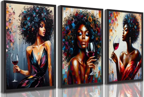 Vista 11 de 3 piezas de arte de pared en lienzo de mujeres afroamericanas, coloridas grafitis, chica afro con vino, pintura moderna, abstracta, estética