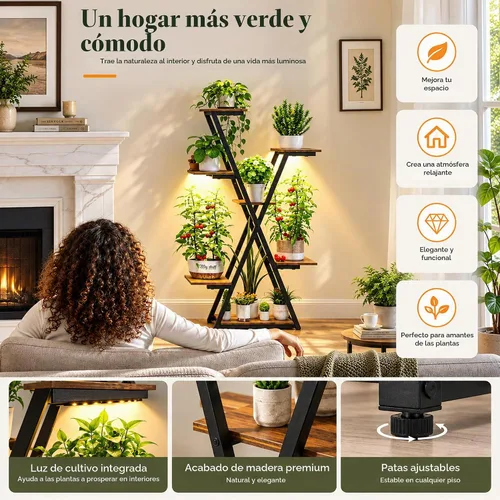 Vista 4 de Soporte para Plantas de Interior con Luces de Crecimiento: Gran Estante Vertical Iluminado de Metal de Múltiples Niveles - Con Temporizador