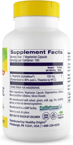 Vista 2 de Healthy Origins L-teanina 100 mg (AlphaWave, apoya la relajación sin somnolencia, apoyo cerebral, sin OMG, sin gluten), 180 cápsulas vegetales