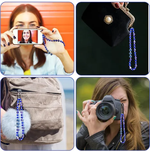 Vista 7 de TIESOME Cordón de teléfono con cuentas, correa de muñeca de mal de ojo para teléfono, correa de cadena de teléfono con piedras preciosas para mujer