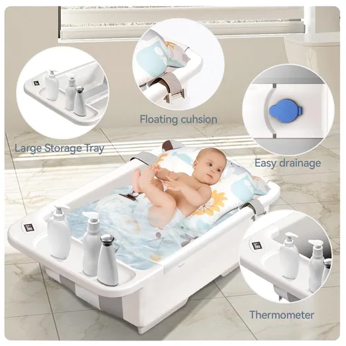 Vista 3 de Bañera plegable para bebé con soporte, bañera grande para bebé con termómetro y cojín Bañera portátil de viaje para recién nacidos Bañera