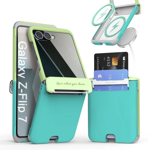 Vista 25 de para Galaxy Z Flip 5 Funda con 2 ranuras para tarjetas, funda rígida delgada y resistente con protección de bisagra, funda completa con protección