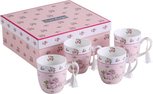 Vista 10 de London Boutique Juego de tazas de café de té, 4 porcelana, pájaro, rosa, mariposa, diseño Shabby Chic en caja de regalo, 11 oz