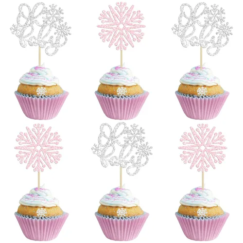 Vista 14 de Gyufise 24 adornos de copos de nieve Oh Baby para cupcakes con purpurina azul, decoración de pastel de baby shower congelado para baby shower