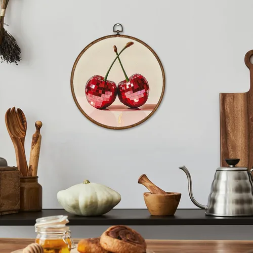 Vista 5 de Voxitura Arte de pared de frutas de cereza disco con marco redondo, decoración de pared preppy lienzo femenino para habitación de cocina, pinturas