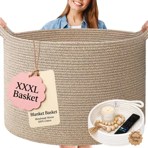 Vista 12 de XXXXL LAVABLE Cesta Grande Negra para Mantas Cesta para Sala de Estar 2 Piezas Cestas de Juguetes Almacenamiento Niños de Cuerda Tejida XXX Cesta