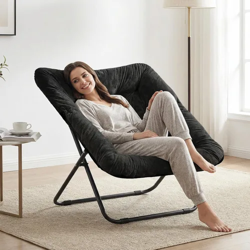 Vista 9 de Grezone Silla plegable de piel sintética, silla plegable portátil de luna suave para dormitorio, dormitorios, apartamentos, descanso, jardín y Negro