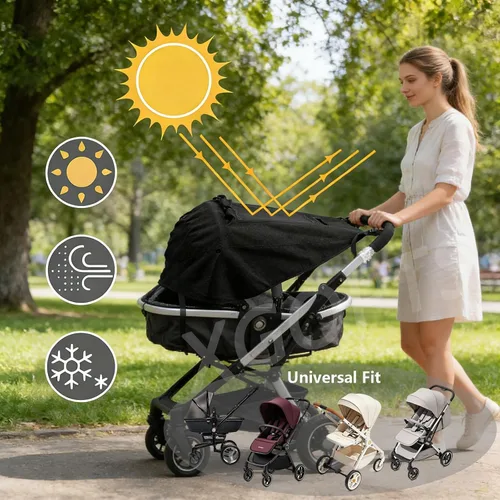 Vista 2 de Protector de parasol universal para cochecito de bebé, cubierta opaca Outdoor UPF 50+ Stroller Sun Shield Canopy Cover Pram Rain Sunshade with See