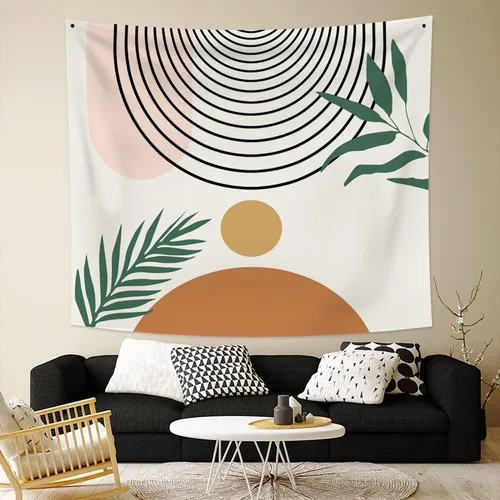 Vista 5 de Tapiz bohemio de mediados de siglo, moderno abstracto geométrico, tapiz con diseño de arco de sol, hojas verdes, tapices para colgar en la pared, 59