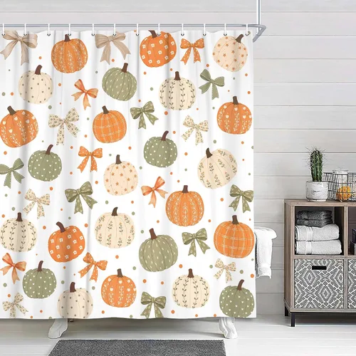 Vista 6 de Boho Fall Pumpkin Bow Shower Curtain for Bathroom, Waterproof Thanksgiving Harvest Autumn Bath Curtain with Hooks, Washable Privacy Curtain for Kids