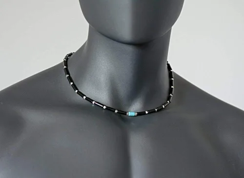 Vista 2 de Mens Short Necklace with Natural Gemstone Black Onyx and Howlite Beads Men’s Choker