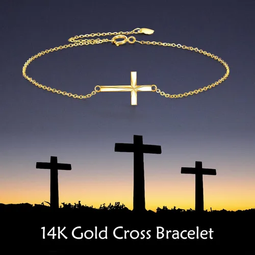 Vista 6 de ELFRONT Pulsera de cruz de oro amarillo de 14 quilates para mujer, regalos de joyería de cruz para ella, Oro amarillo, Sin gemas.