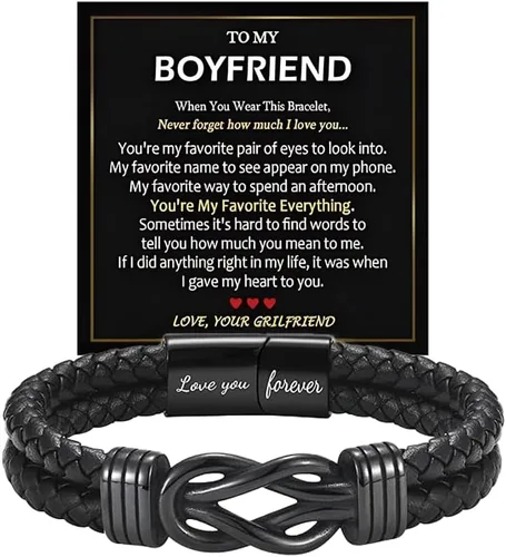 Vista 10 de Pulsera con nudo infinito con texto en inglés "To My Man", de acero inoxidable trenzado y cuero trenzado, inspirador, grabado Love You Forever